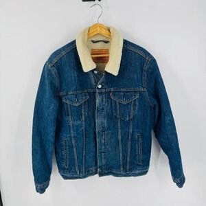 Levis Sherpa Lined Denim Trucker Jacket Medium Wash Blue Size M Workwear Utility